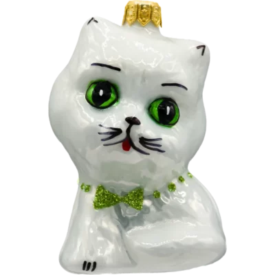 Szklana Bombka Choinkowa Figurka Kot z zieloną muchą: biały