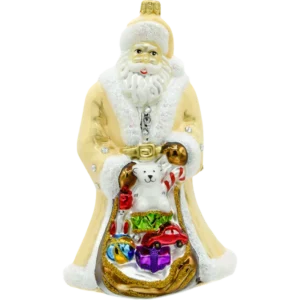 Szklana Bombka Choinkowa Figurka Święty Mikołaj z workiem prezentów: kremowy
