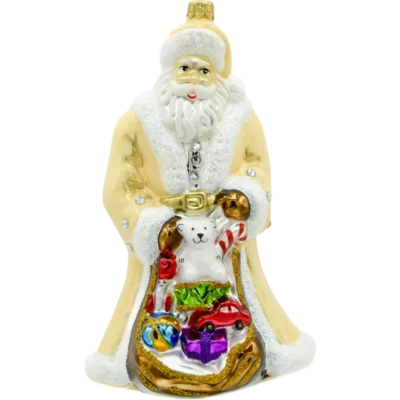 Szklana Bombka Choinkowa Figurka Święty Mikołaj z workiem prezentów: kremowy