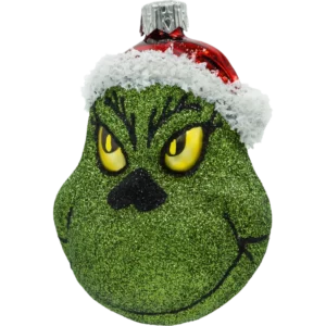 Szklana Bombka Choinkowa Figurka Zielony stwór Grinch w czapce Mikołaja: brokatowy bok