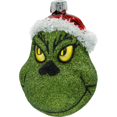 Szklana Bombka Choinkowa Figurka Zielony stwór Grinch w czapce Mikołaja: brokatowy bok