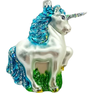 Szklana Bombka Jednorożec z brokatową grzywą i rogiem: niebieski