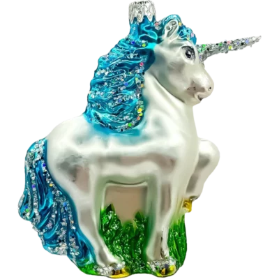 Szklana Bombka Jednorożec z brokatową grzywą i rogiem: niebieski
