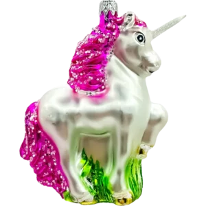 Szklana Bombka Jednorożec z brokatową grzywą i rogiem: różowy