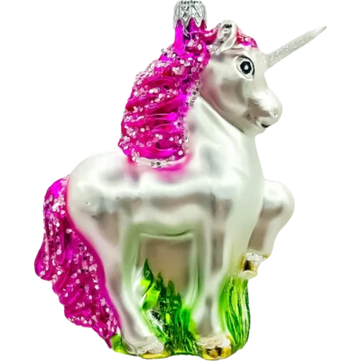 Szklana Bombka Jednorożec z brokatową grzywą i rogiem: różowy