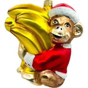 Szklana Bombka Małpka z bananami w świątecznym stroju