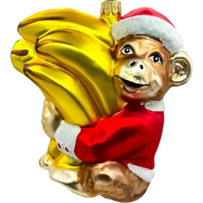 Szklana Bombka Małpka z bananami w świątecznym stroju