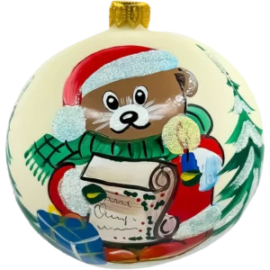 Szklana Bombka Miś Świąteczny z listem do Świętego Mikołaja: kremowa