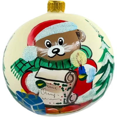 Szklana Bombka Miś Świąteczny z listem do Świętego Mikołaja: kremowa