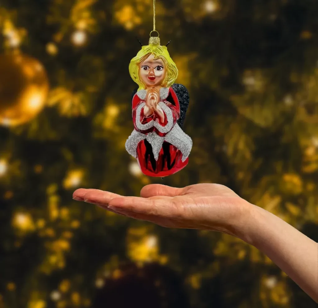 Bombka szklana figurka Aniołek z diabelskimi rogami realne zdjęcie