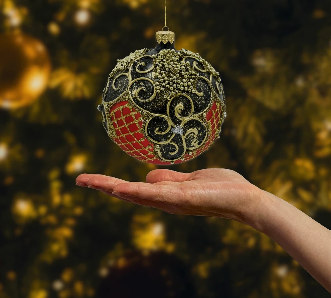 Szklana okrągła Bombka czerwona Vintage z bogatymi zdobieniami realne zdjęcie