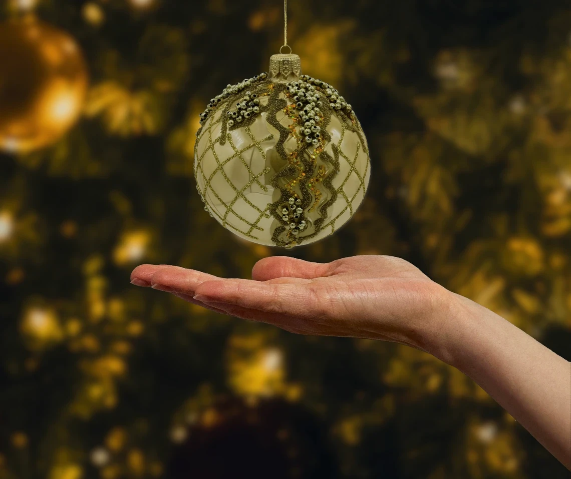 Szklana okrągła Bombka złota Vintage z bogatymi zdobieniami realne zdjęcie