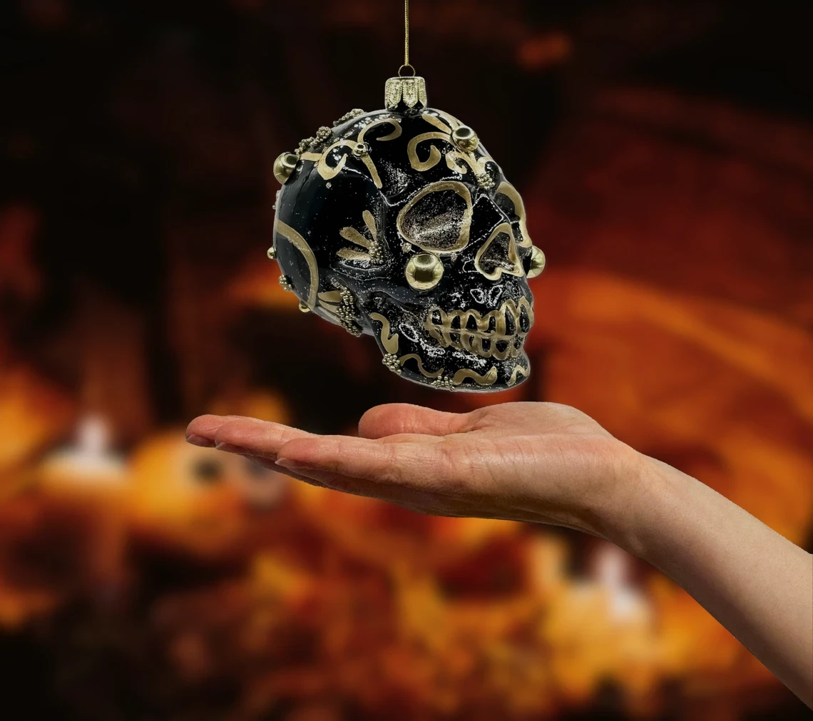 Bombka szklana figurka Czaszka w stylu Meksykańskim: złota realne zdjęcie