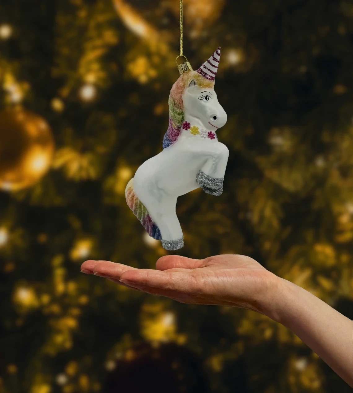Bombka szklana figurka Jednorożec z tęczową grzywą: biały realne zdjęcie