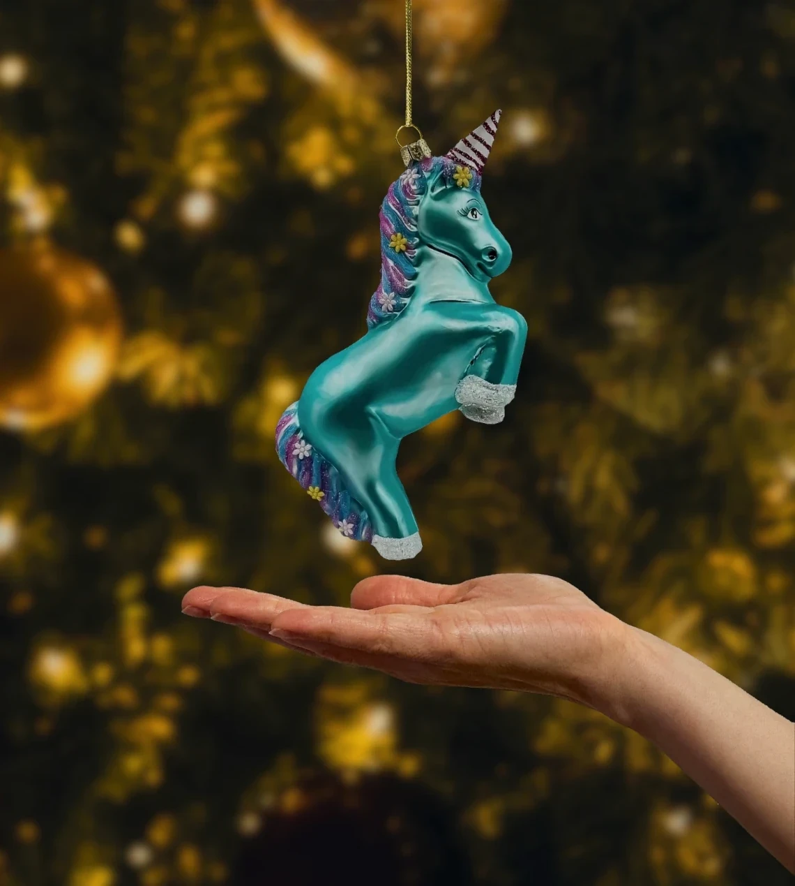 Bombka szklana figurka Jednorożec z tęczową grzywą: niebieski realne zdjęcie