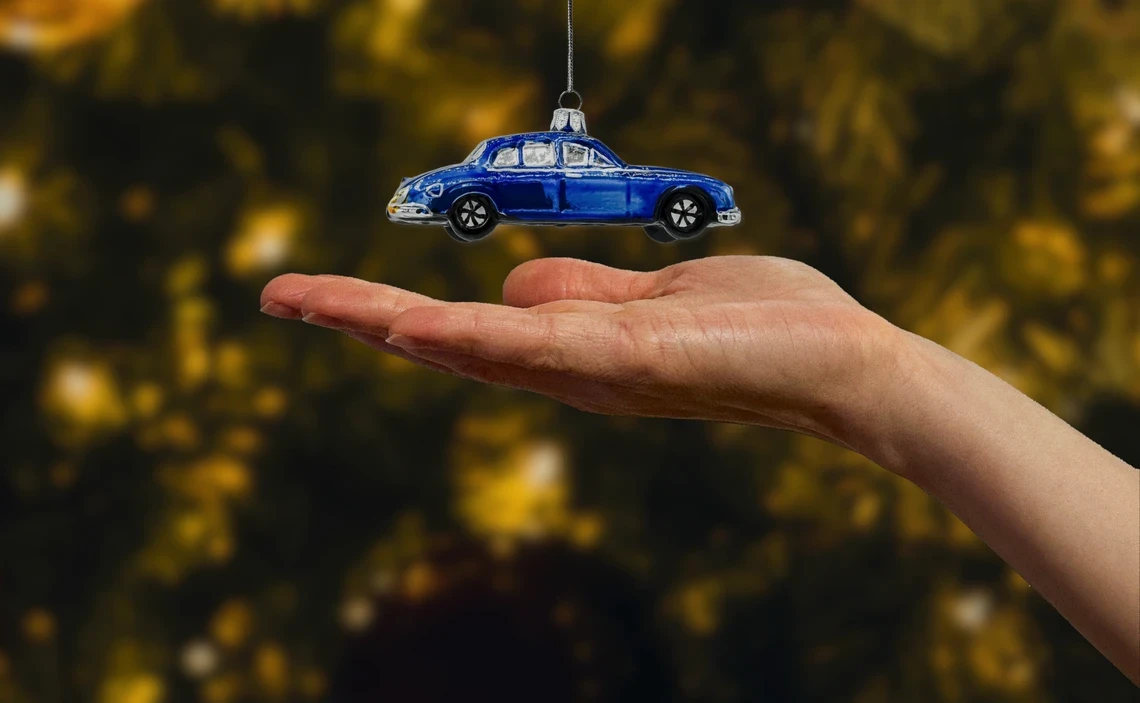 Bombka szklana Syn Bombkarza Klasyczny samochód retro: niebieski realne zdjęcie