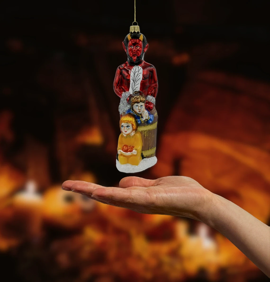 Bombka szklana figurka Krampus z dziećmi realne zdjęcie