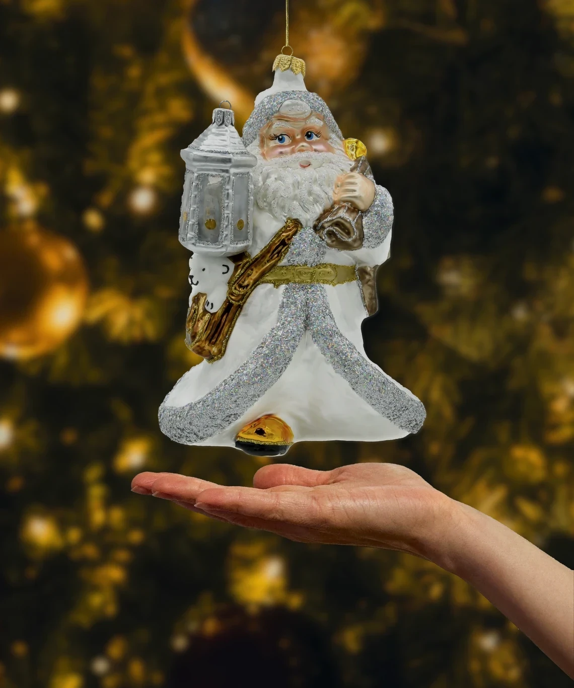 Bombka szklana Święty Mikołaj z latarenką: biały realne zdjęcie