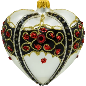 Bombka szklana Syn Bombkarza Serce z bogatymi zdobieniami i rubinami: białe front