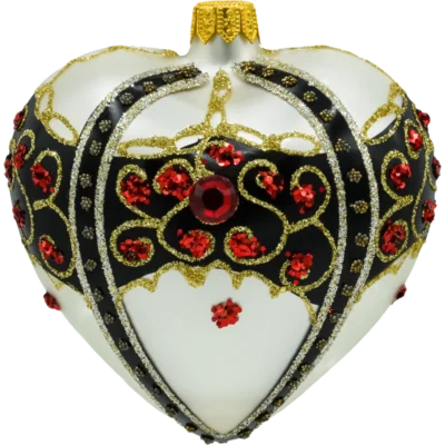 Bombka szklana Syn Bombkarza Serce z bogatymi zdobieniami i rubinami: białe front