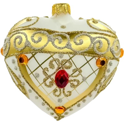 Szklana Bombka Serce z bogatymi zdobieniami i kamieniami: białe