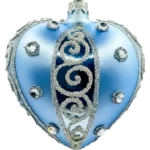 Szklana Bombka Serce ze srebrnymi brokatowymi zdobieniami: niebieskie