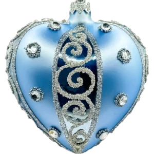 Szklana Bombka Serce ze srebrnymi brokatowymi zdobieniami: niebieskie