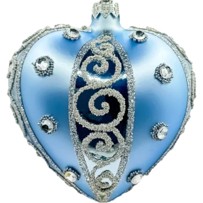 Szklana Bombka Serce ze srebrnymi brokatowymi zdobieniami: niebieskie