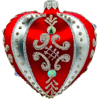 Szklana Bombka Serce ze srebrnymi zdobieniami i kryształami