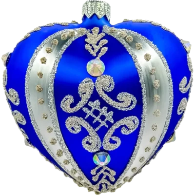 Szklana Bombka ze srebrnymi zdobieniami i kryształami: niebieskie