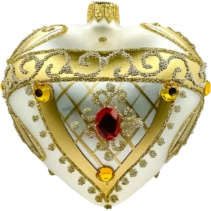 Szklana Bombka Serce ze złotym wykończeniem i rubinowym kamieniee: srebrne