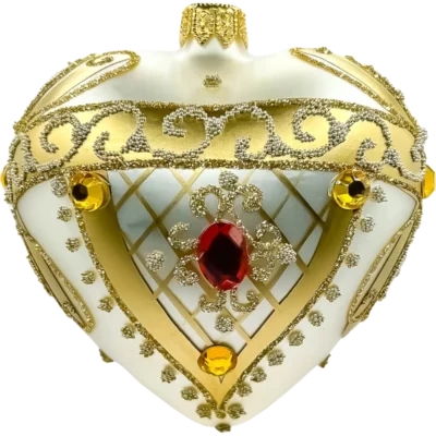 Szklana Bombka Serce ze złotym wykończeniem i rubinowym kamieniee: srebrne