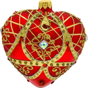Bombka szklana Syn Bombkarza Serce ze złotymi zdobieniami i kamieniami: czerwone front