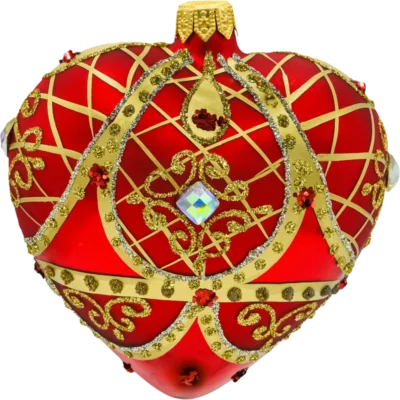 Bombka szklana Syn Bombkarza Serce ze złotymi zdobieniami i kamieniami: czerwone front