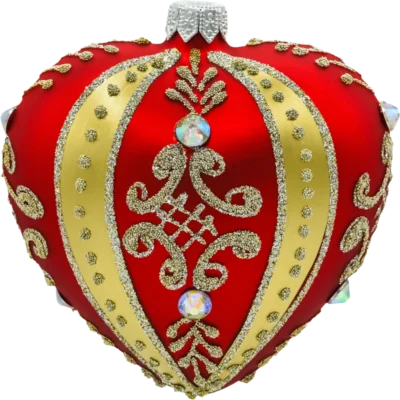 Bombka szklana Syn Bombkarza Serce ze złotymi zdobieniami i kryształami: czerwone front