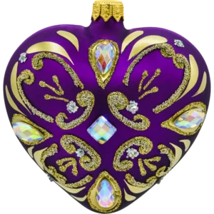 Bombka szklana Syn Bombkarza Serce ze złotymi zdobieniami i kryształami: purpurowe front