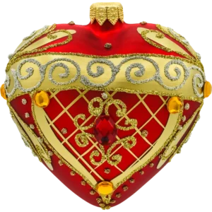 Bombka szklana Syn Bombkarza Serce ze złotymi zdobieniami i kryształkami: czerwone front