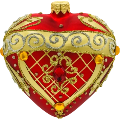 Bombka szklana Syn Bombkarza Serce ze złotymi zdobieniami i kryształkami: czerwone front