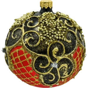 Bombka szklana okrągła Bombka czerwona Vintage z bogatymi zdobieniami bok