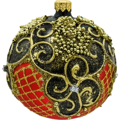 Bombka szklana okrągła Bombka czerwona Vintage z bogatymi zdobieniami bok