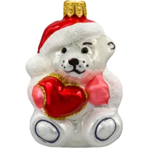 Bombka szklana Syn Bombkarza Miś polarny z czerwonym sercem i różowymi rękawiczkami