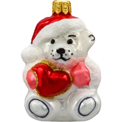 Bombka szklana Syn Bombkarza Miś polarny z czerwonym sercem i różowymi rękawiczkami