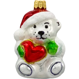 Bombka szklana Syn Bombkarza Miś polarny z sercem i czapką Mikołaja: zielony
