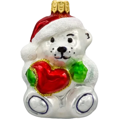 Bombka szklana Syn Bombkarza Miś polarny z sercem i czapką Mikołaja: zielony