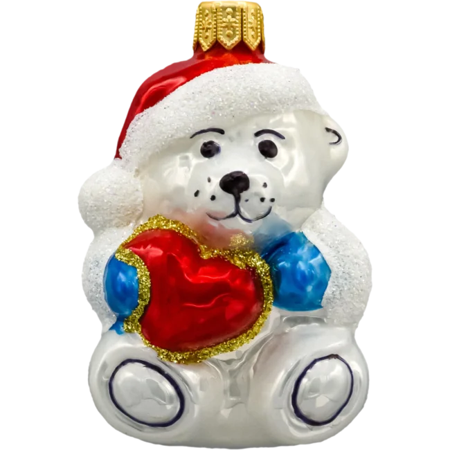 Bombka szklana Syn Bombkarza Miś polarny w czapce Świętego Mikołaja z sercem