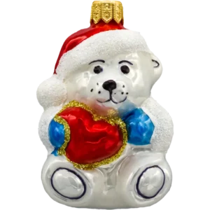 Bombka szklana Syn Bombkarza Miś polarny w czapce Świętego Mikołaja z sercem