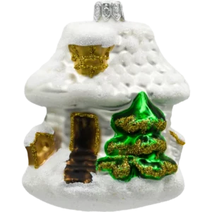 Szklana Bombka Choinkowa Figurka Świąteczna chatka z choinką: biała tył