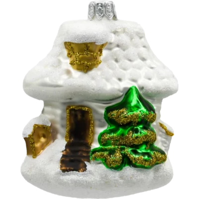 Szklana Bombka Choinkowa Figurka Świąteczna chatka z choinką: biała tył