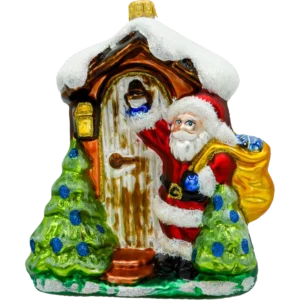 Szklana Bombka Choinkowa Figurka Święty Mikołaj z choinką przed domkiem
