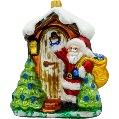 Szklana Bombka Choinkowa Figurka Święty Mikołaj z choinką przed domkiem